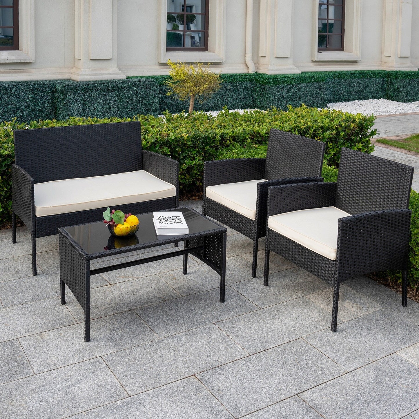Set di 4 mobili da giardino in vimini per conversazioni, set di mobili da esterno in rattan con cuscini per giardino
