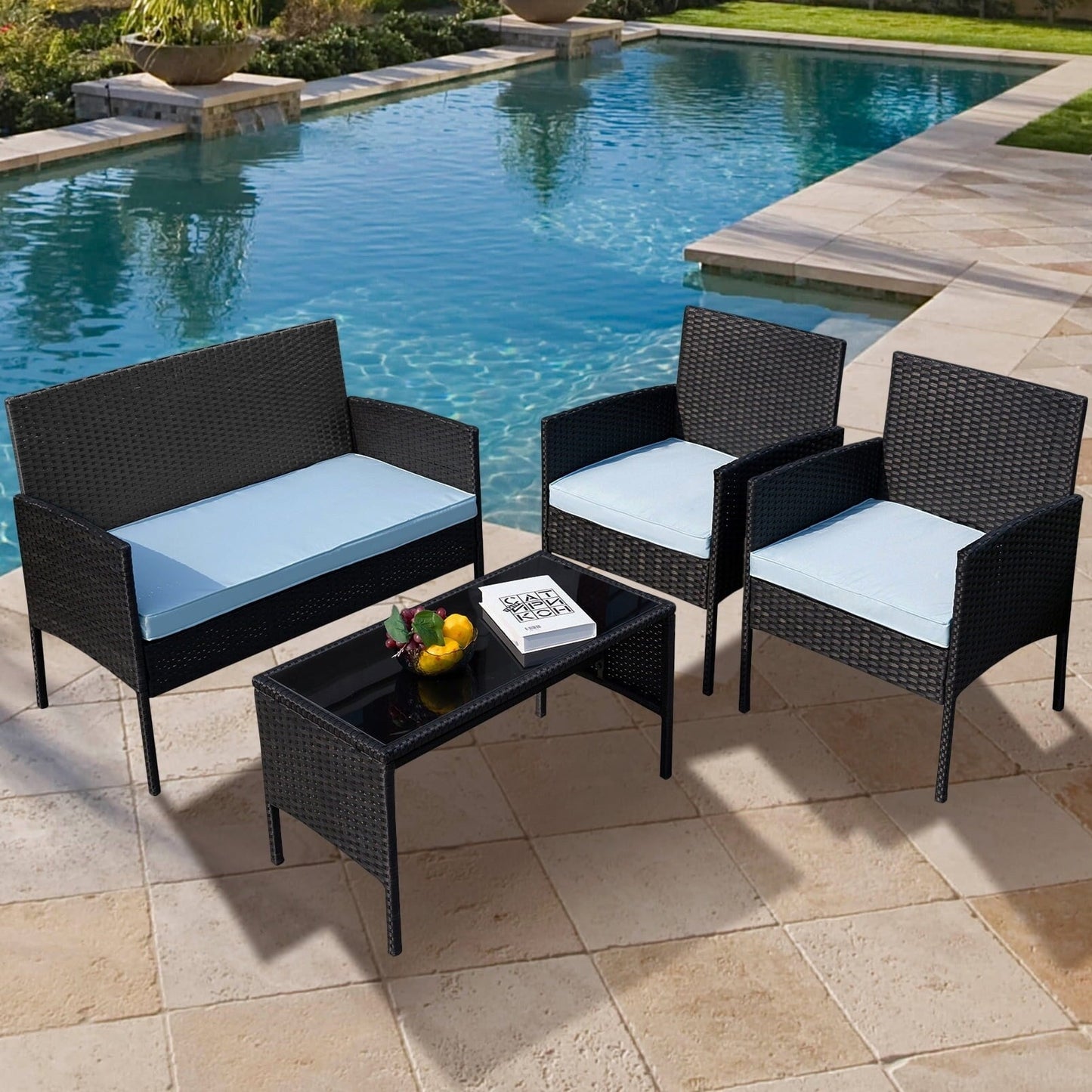 Set di 4 mobili da giardino in vimini per conversazioni, set di mobili da esterno in rattan con cuscini per giardino