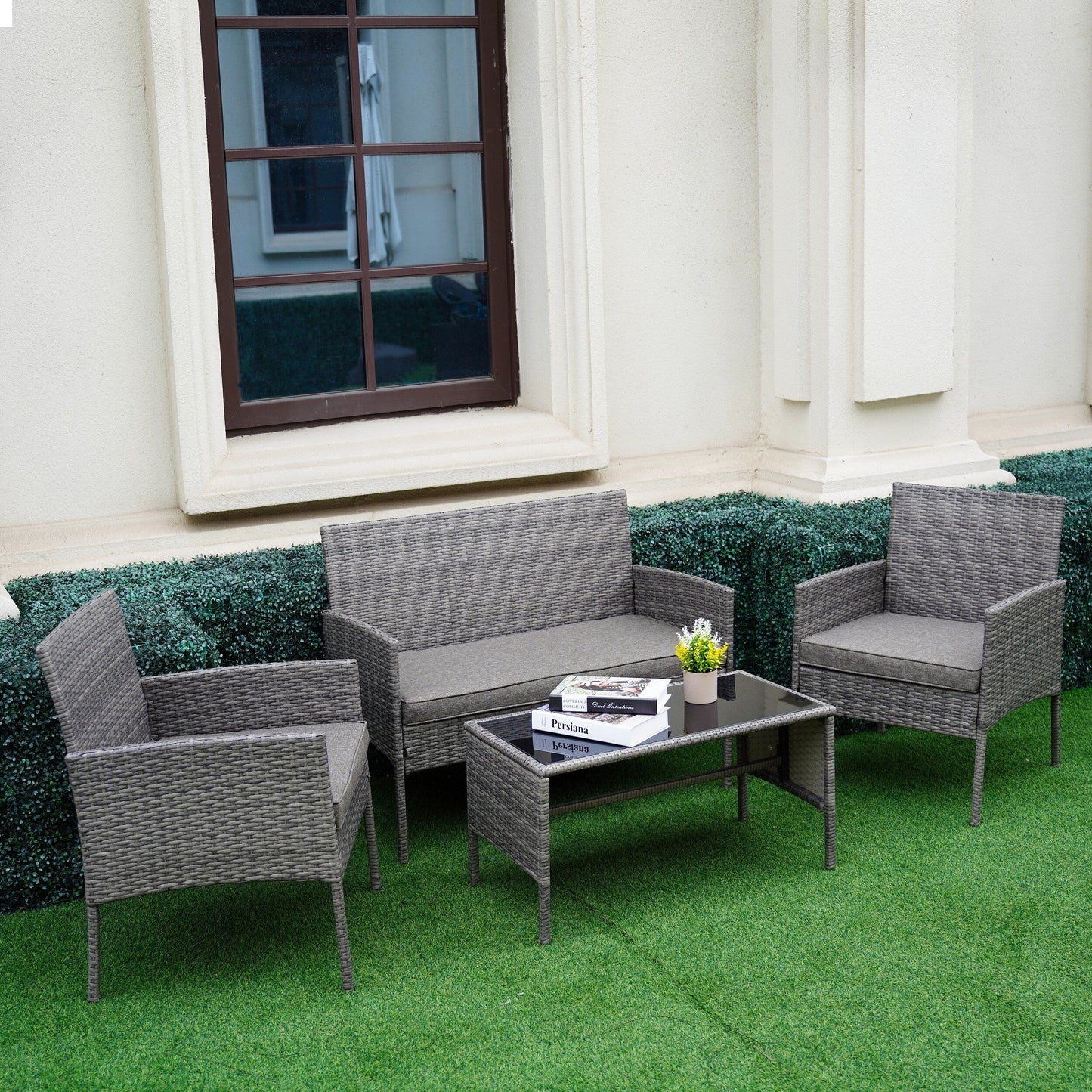 Set di 4 mobili da giardino in vimini per conversazioni, set di mobili da esterno in rattan con cuscini per giardino