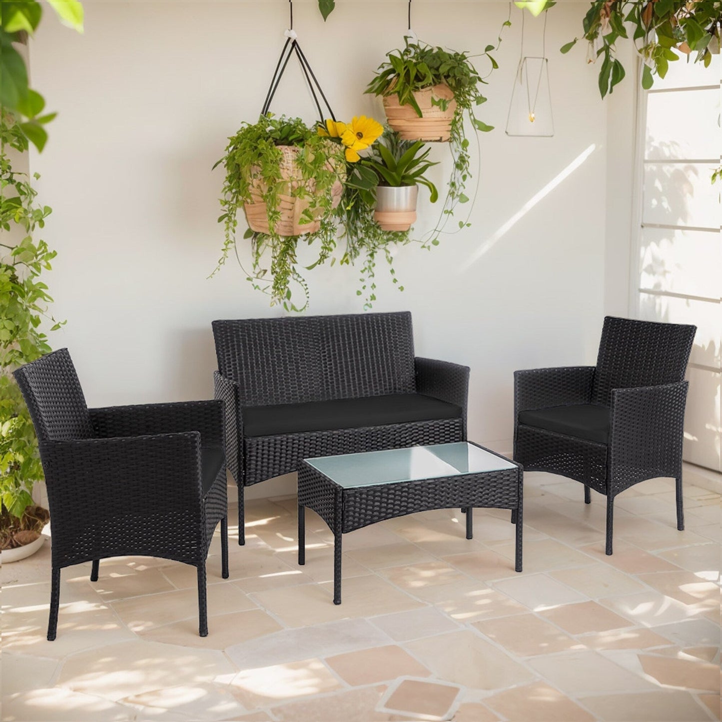 Set di mobili da giardino in vimini da 4 pezzi, set di mobili da esterno in rattan con cuscini