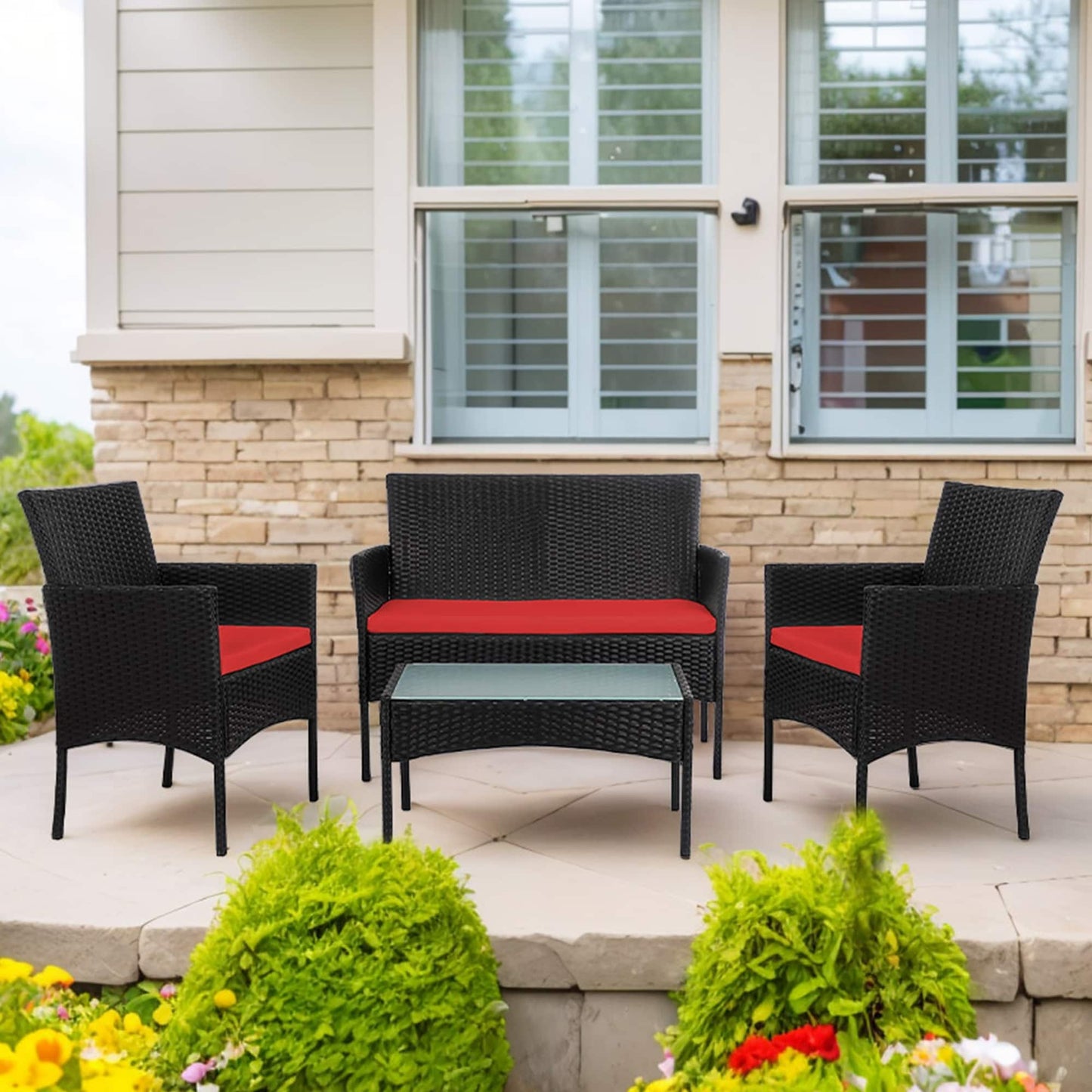 Set di mobili da giardino in vimini da 4 pezzi, set di mobili da esterno in rattan con cuscini