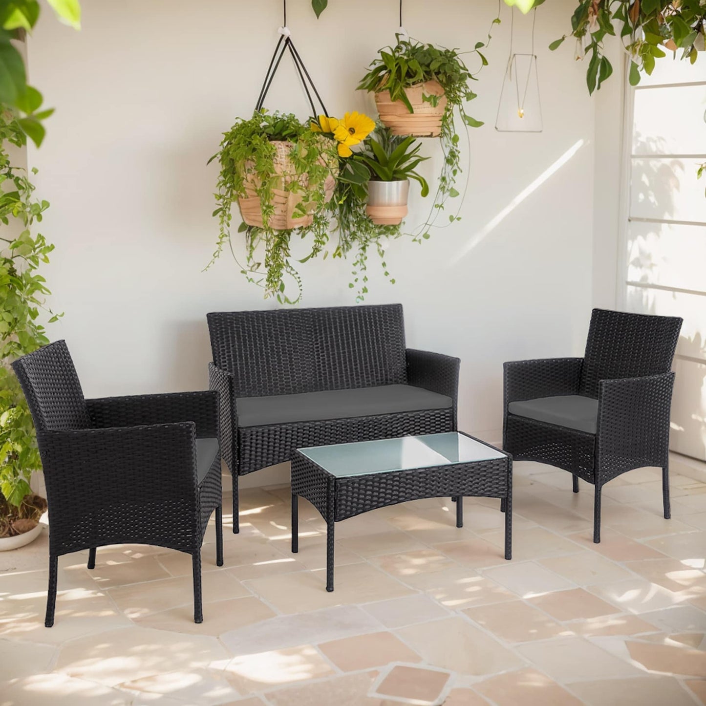Set di mobili da giardino in vimini da 4 pezzi, set di mobili da esterno in rattan con cuscini