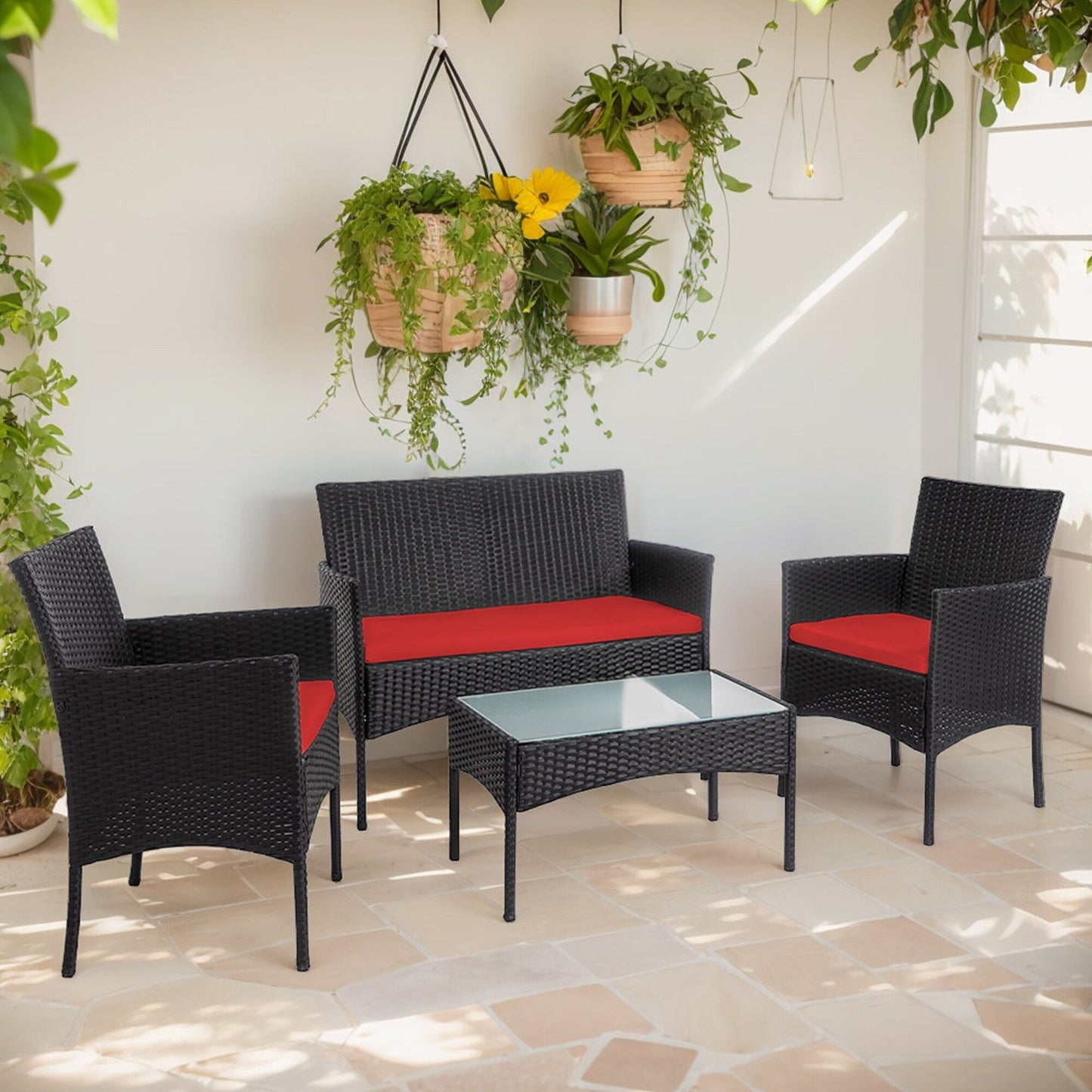 Set di mobili da giardino in vimini da 4 pezzi, set di mobili da esterno in rattan con cuscini