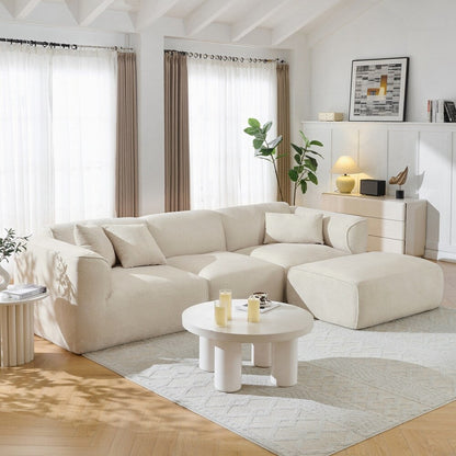 Divano a 4 posti con cuscini di seduta in pura spugna e poggiapiedi staccabile, include 3 cuscini decorativi