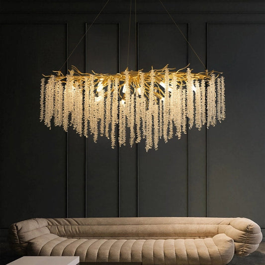 Lampadario rettangolare moderno in cristallo dorato da 40 pollici con rami di albero, lampadario per isola cucina, lampada a sospensione per sala da pranzo