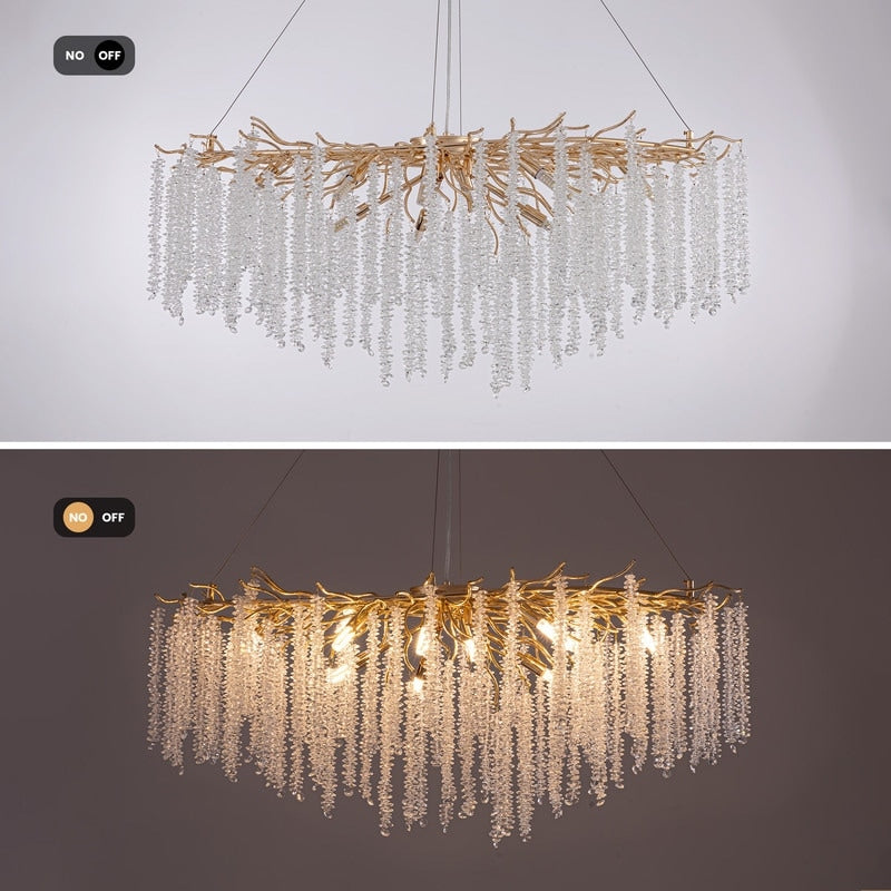 Lampadario rettangolare moderno in cristallo dorato da 40 pollici con rami di albero, lampadario per isola cucina, lampada a sospensione per sala da pranzo