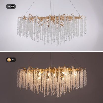 Lampadario rettangolare moderno in cristallo dorato da 40 pollici con rami di albero, lampadario per isola cucina, lampada a sospensione per sala da pranzo