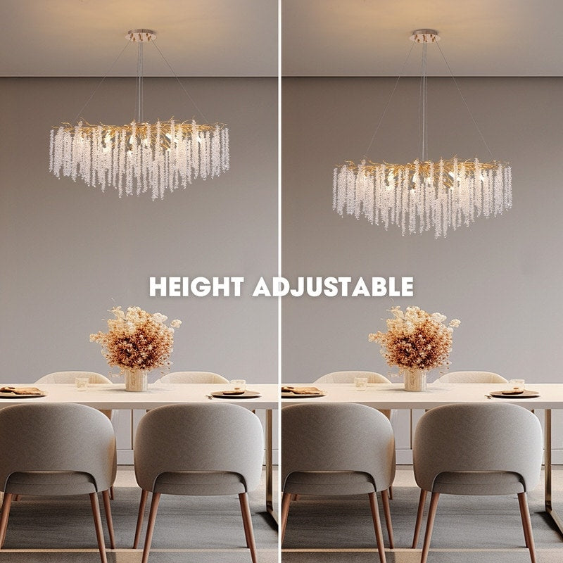 Lampadario rettangolare moderno in cristallo dorato da 40 pollici con rami di albero, lampadario per isola cucina, lampada a sospensione per sala da pranzo