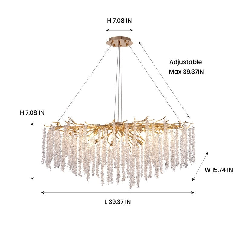 Lampadario rettangolare moderno in cristallo dorato da 40 pollici con rami di albero, lampadario per isola cucina, lampada a sospensione per sala da pranzo