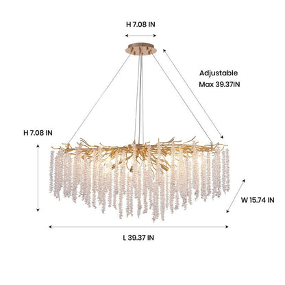 Lampadario rettangolare moderno in cristallo dorato da 40 pollici con rami di albero, lampadario per isola cucina, lampada a sospensione per sala da pranzo