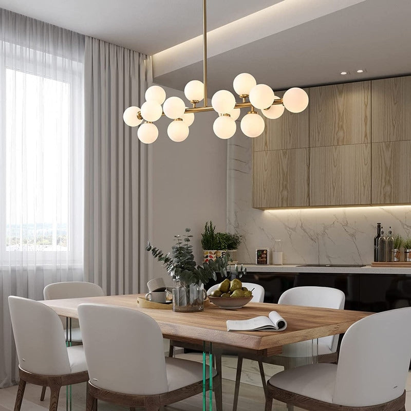 Lampadario lineare moderno di metà secolo da 40 pollici, lampada a sospensione Sputnik in ottone dorato a 16 luci con globo in vetro smerigliato per sala da pranzo