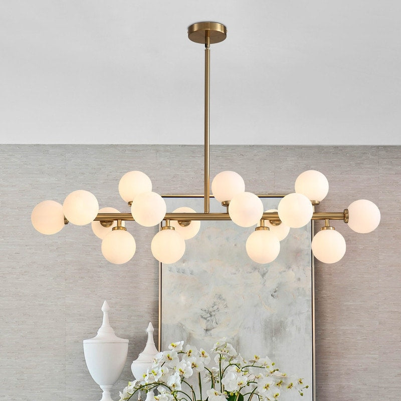 Lampadario lineare moderno di metà secolo da 40 pollici, lampada a sospensione Sputnik in ottone dorato a 16 luci con globo in vetro smerigliato per sala da pranzo
