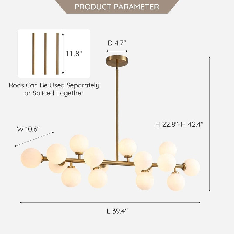 Lampadario lineare moderno di metà secolo da 40 pollici, lampada a sospensione Sputnik in ottone dorato a 16 luci con globo in vetro smerigliato per sala da pranzo