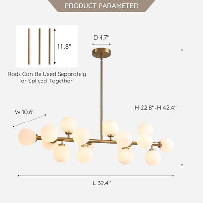 Lampadario lineare moderno di metà secolo da 40 pollici, lampada a sospensione Sputnik in ottone dorato a 16 luci con globo in vetro smerigliato per sala da pranzo