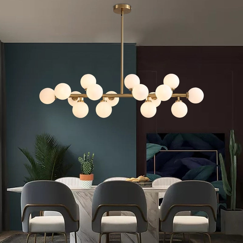 Lampadario lineare moderno di metà secolo da 40 pollici, lampada a sospensione Sputnik in ottone dorato a 16 luci con globo in vetro smerigliato per sala da pranzo