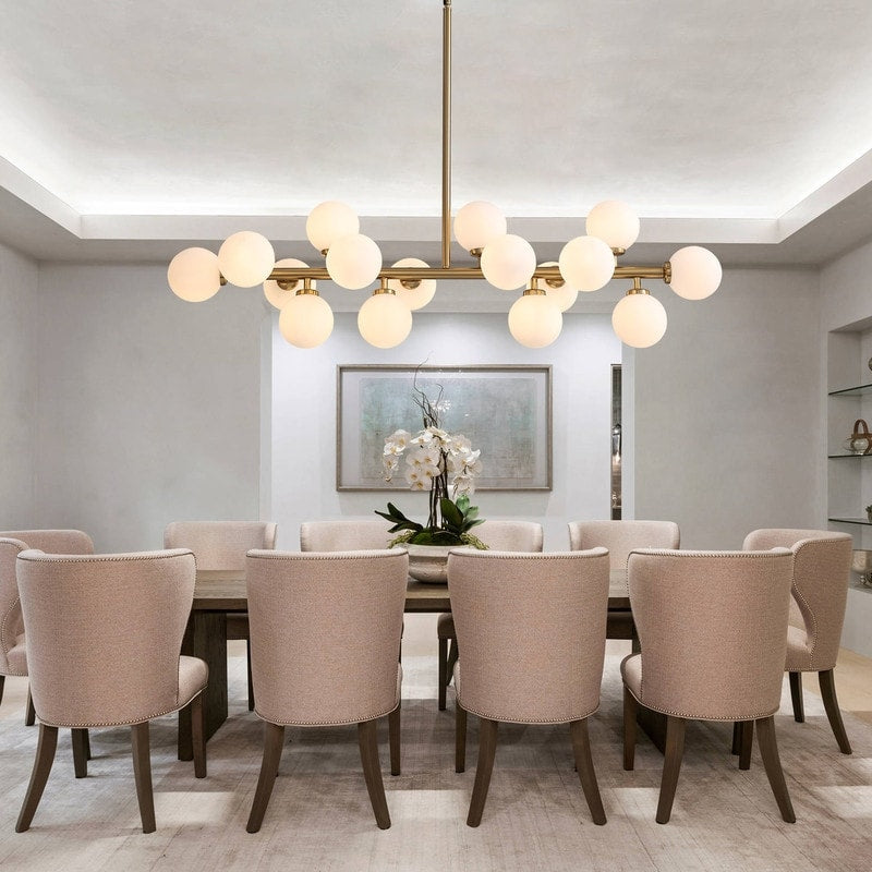 Lampadario lineare moderno di metà secolo da 40 pollici, lampada a sospensione Sputnik in ottone dorato a 16 luci con globo in vetro smerigliato per sala da pranzo