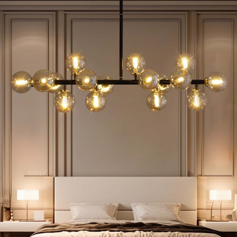 Lampadario lineare moderno di metà secolo da 40 pollici, lampada a sospensione Sputnik in ottone dorato a 16 luci con globo in vetro smerigliato per sala da pranzo