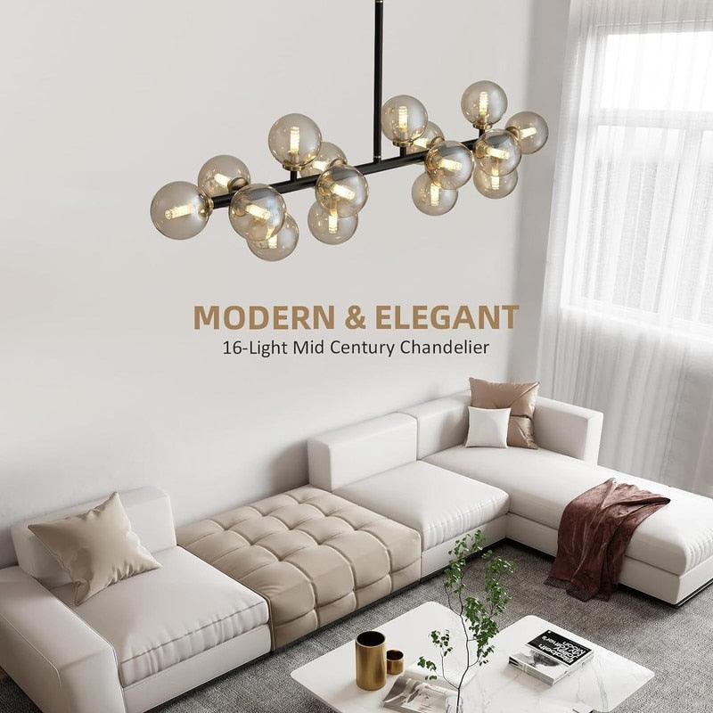 Lampadario lineare moderno di metà secolo da 40 pollici, lampada a sospensione Sputnik in ottone dorato a 16 luci con globo in vetro smerigliato per sala da pranzo