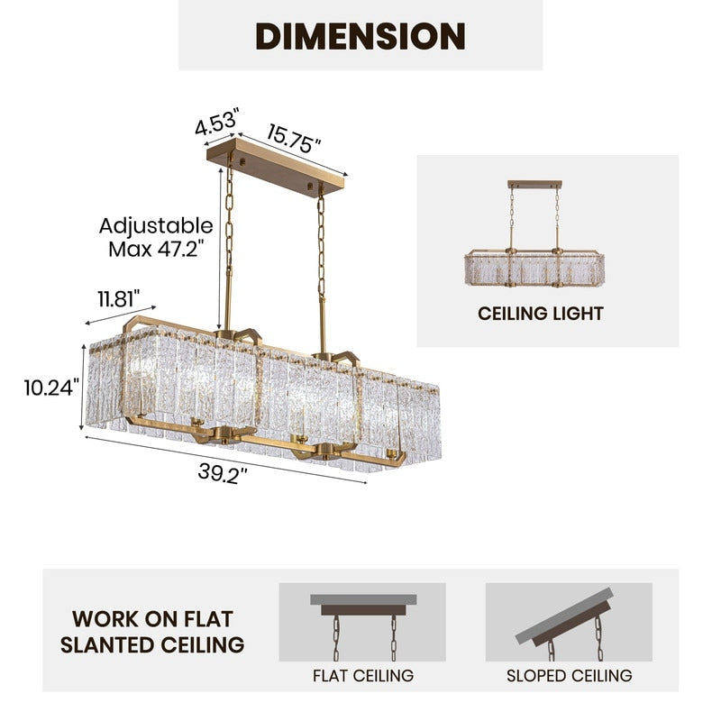 Lampadari di cristallo moderni lineari da 40 pollici Lampadario rettangolare in ottone dorato a 16 luci per sala da pranzo, soggiorno, isola della cucina