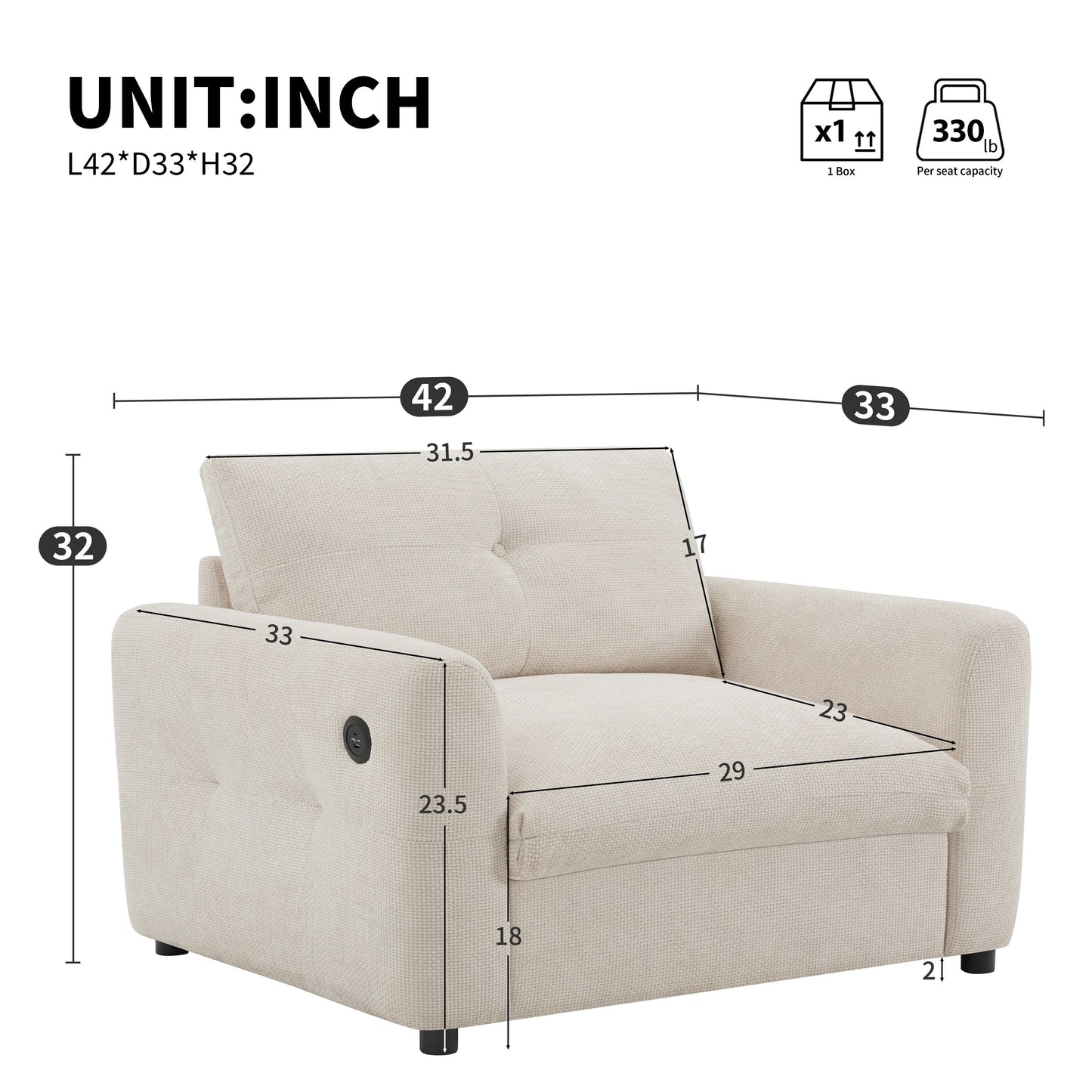 Poltrona con seduta larga da 42 pollici, caricabatterie a doppia porta e design con tirante imbottito di Harper&amp;Bright Designs