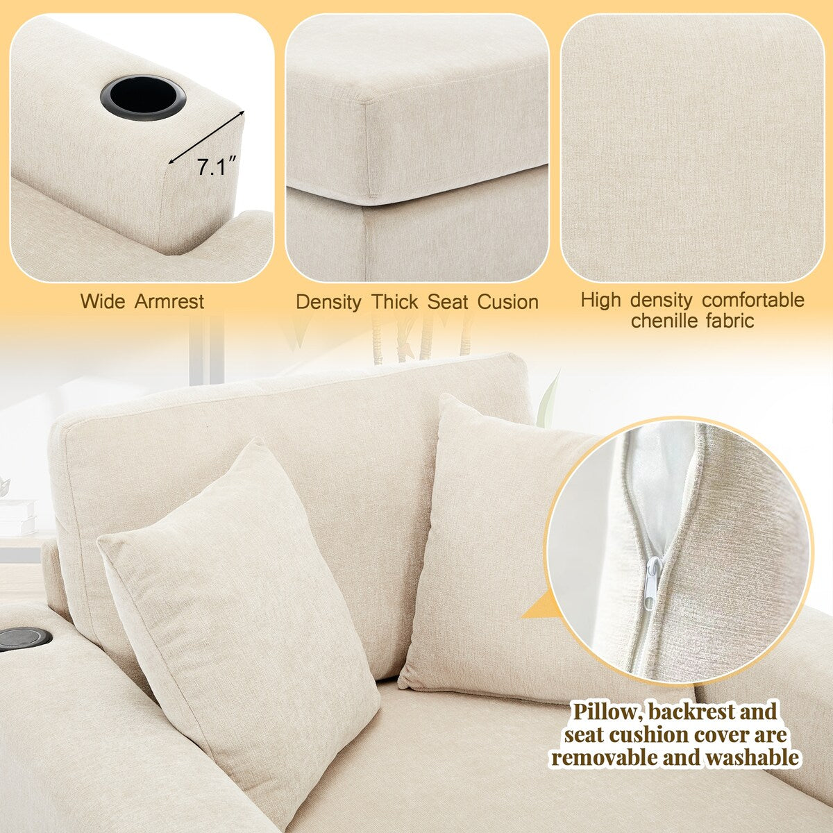 Divano moderno con chaise longue oversize da 43,5 metri, con cuscini, stazione di ricarica e portabicchieri, tessuto in ciniglia