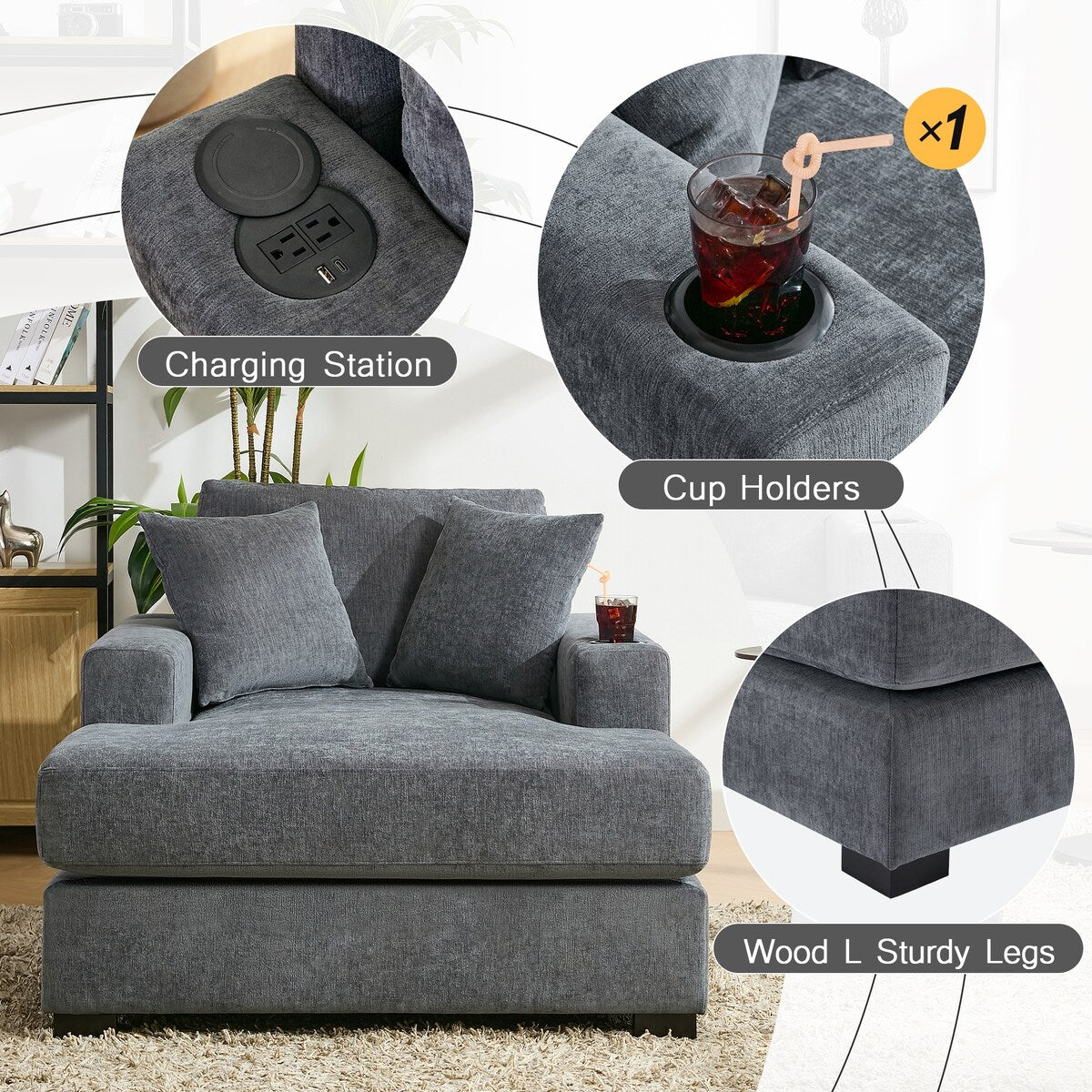 Divano moderno con chaise longue oversize da 43,5 metri, con cuscini, stazione di ricarica e portabicchieri, tessuto in ciniglia