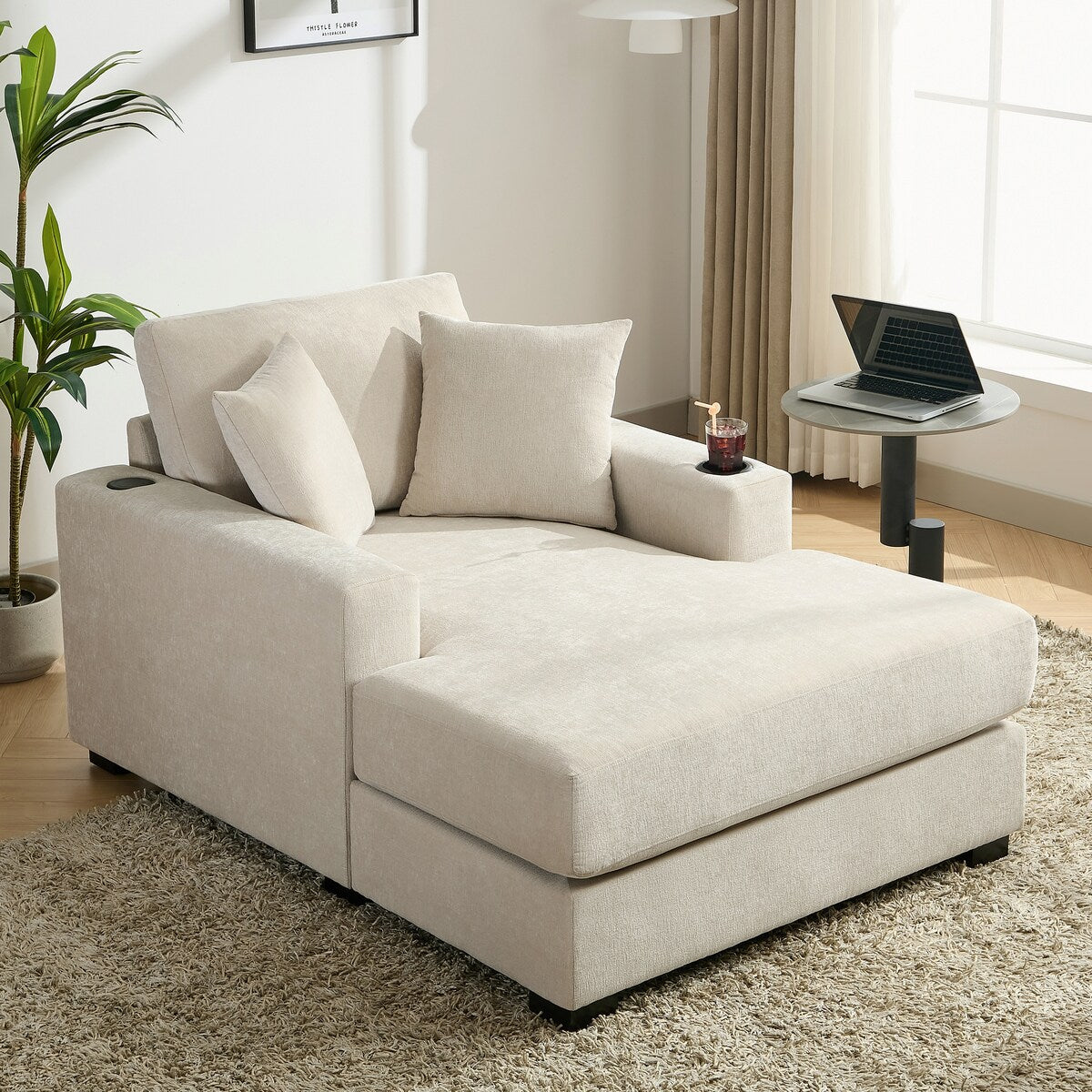 Divano moderno con chaise longue oversize da 43,5 metri, con cuscini, stazione di ricarica e portabicchieri, tessuto in ciniglia