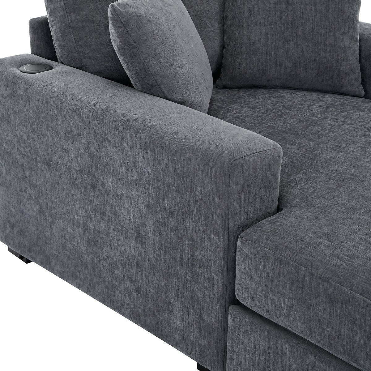 Divano moderno con chaise longue oversize da 43,5 metri, con cuscini, stazione di ricarica e portabicchieri, tessuto in ciniglia