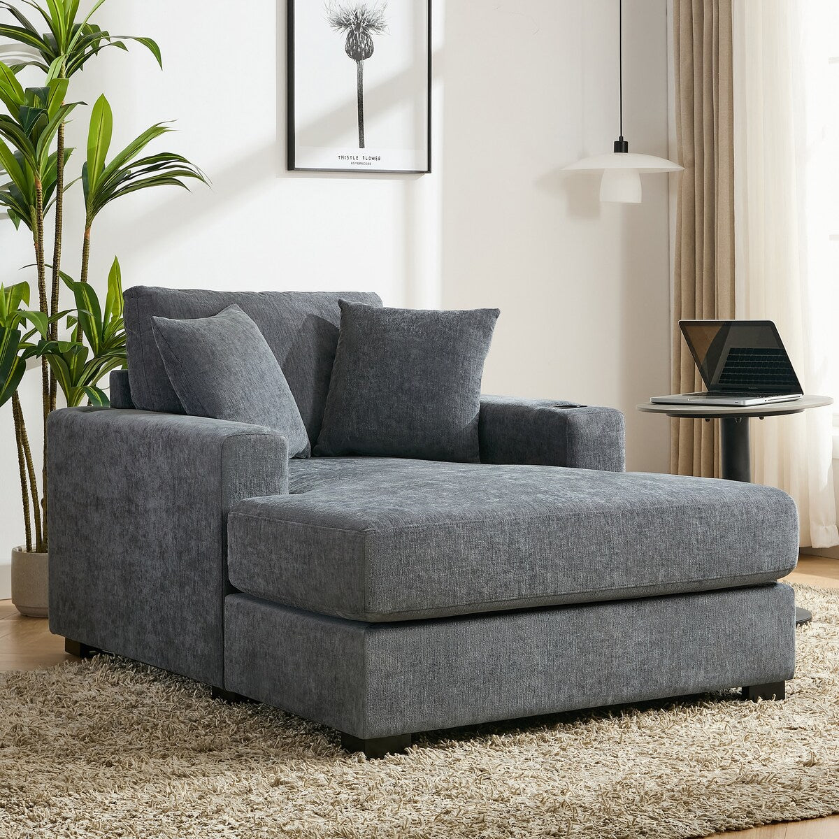 Divano moderno con chaise longue oversize da 43,5 metri, con cuscini, stazione di ricarica e portabicchieri, tessuto in ciniglia