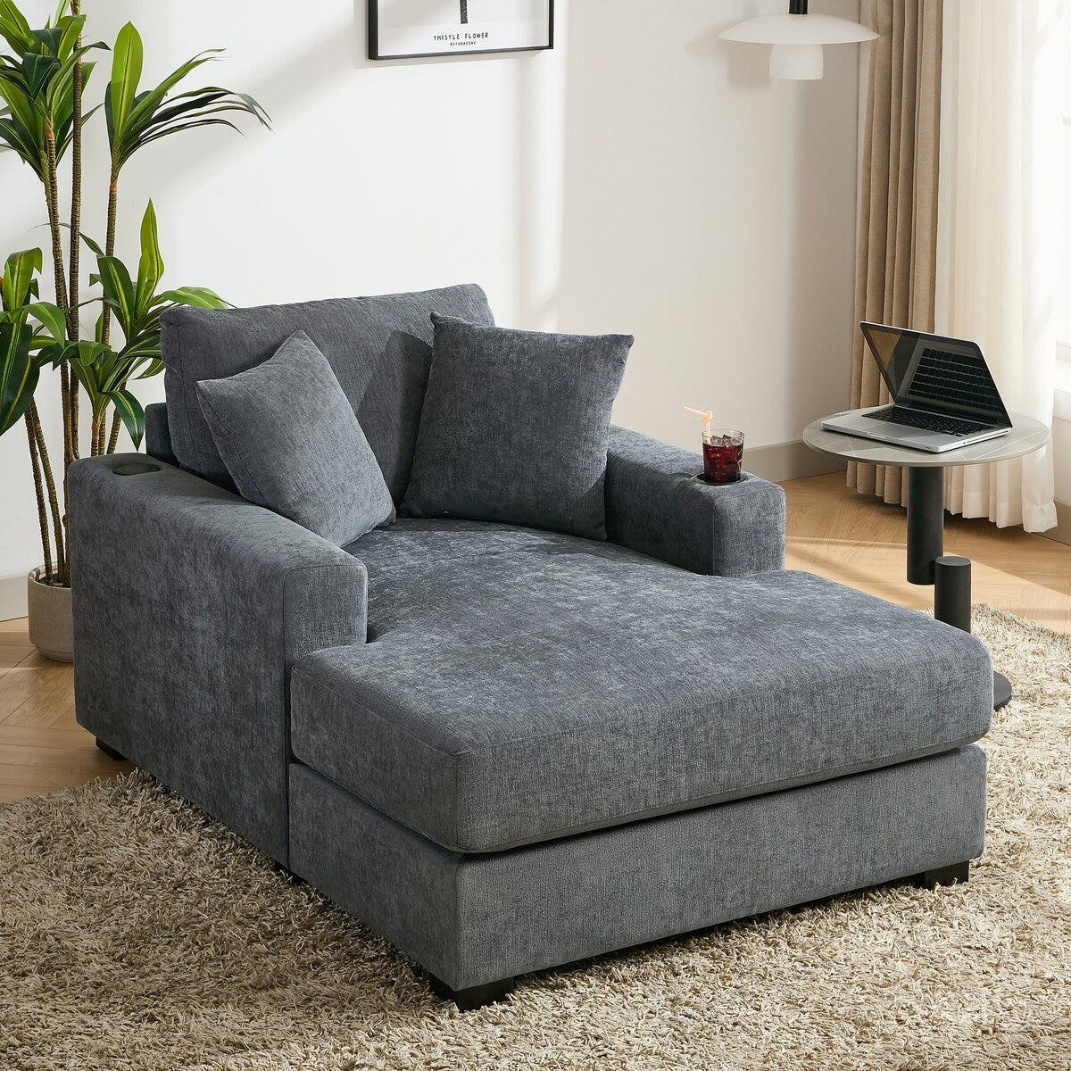 Divano moderno con chaise longue oversize da 43,5 metri, con cuscini, stazione di ricarica e portabicchieri, tessuto in ciniglia
