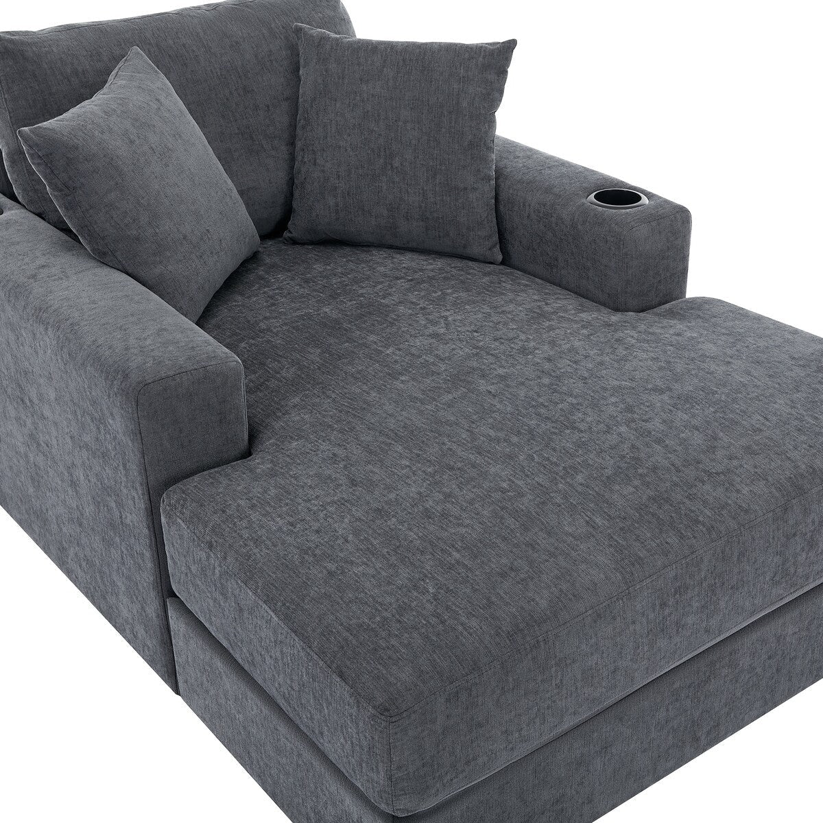 Divano moderno con chaise longue oversize da 43,5 metri, con cuscini, stazione di ricarica e portabicchieri, tessuto in ciniglia
