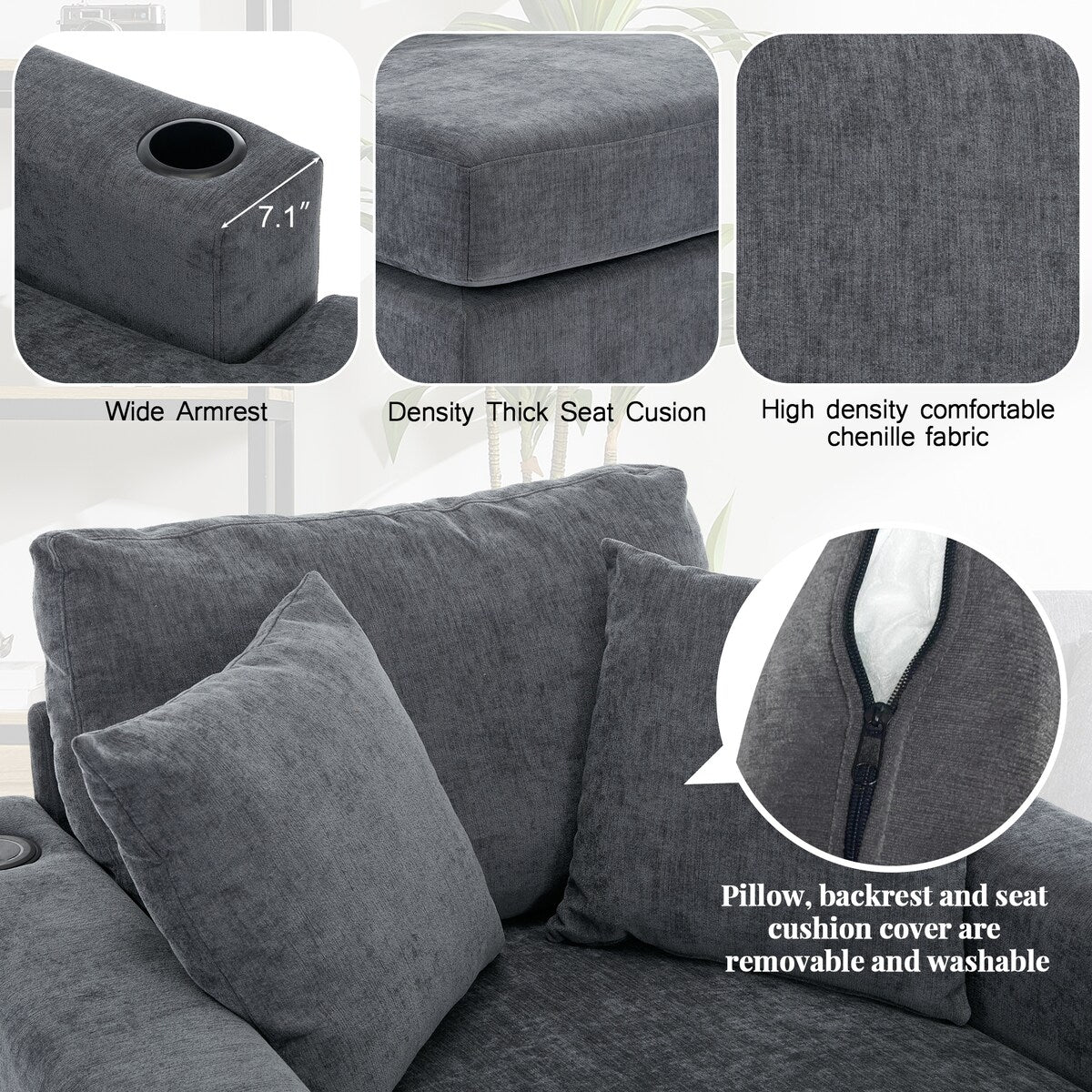 Divano moderno con chaise longue oversize da 43,5 metri, con cuscini, stazione di ricarica e portabicchieri, tessuto in ciniglia