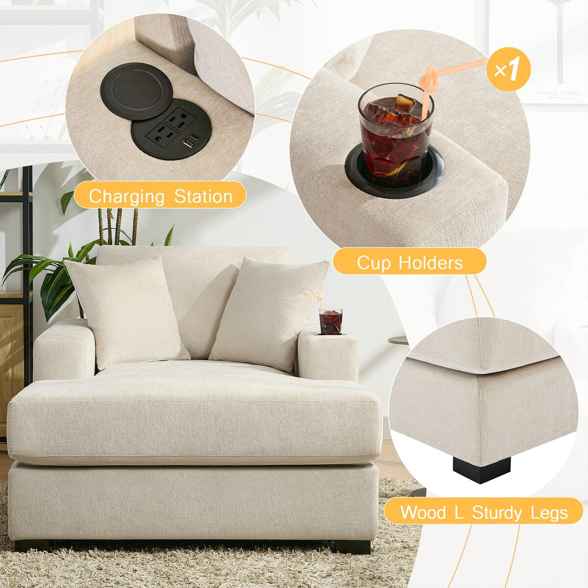 Divano moderno con chaise longue oversize da 43,5 metri, con cuscini, stazione di ricarica e portabicchieri, tessuto in ciniglia