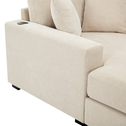 Divano moderno con chaise longue oversize da 43,5 metri, con cuscini, stazione di ricarica e portabicchieri, tessuto in ciniglia