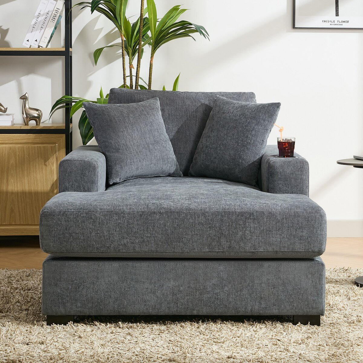 Divano moderno con chaise longue oversize da 43,5 metri, con cuscini, stazione di ricarica e portabicchieri, tessuto in ciniglia