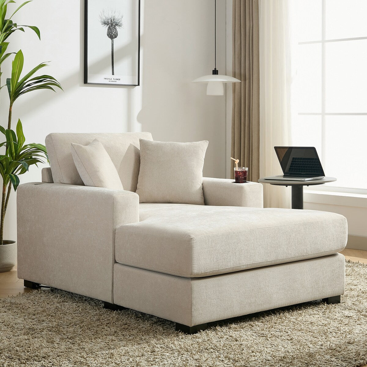 Divano moderno con chaise longue oversize da 43,5 metri, con cuscini, stazione di ricarica e portabicchieri, tessuto in ciniglia