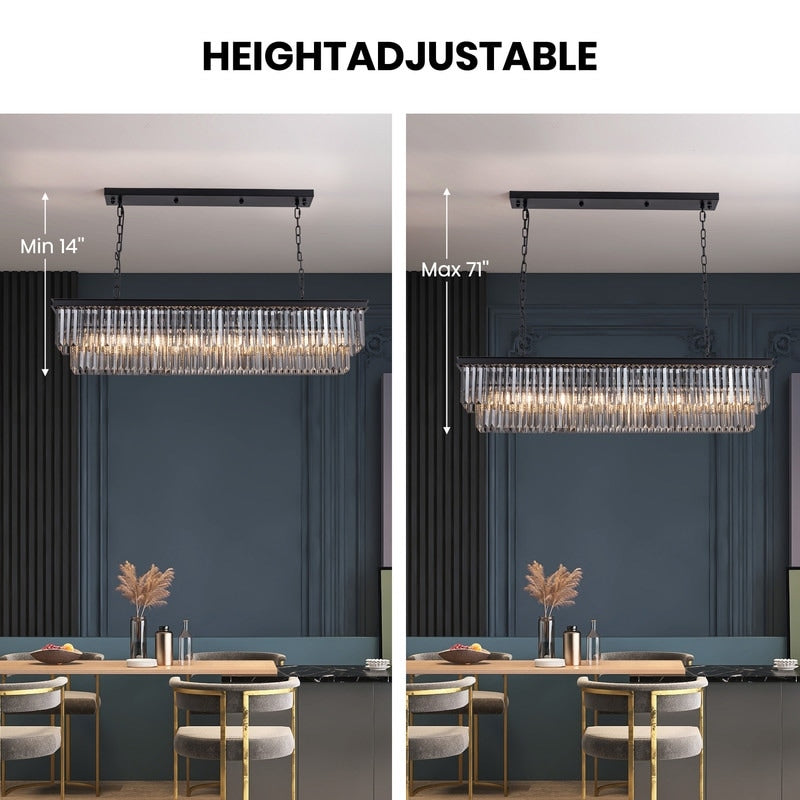 Lampadario moderno contemporaneo in cristallo grigio fumé e nero da 47 pollici, a 2 livelli, con isola da cucina lineare, per sala da pranzo