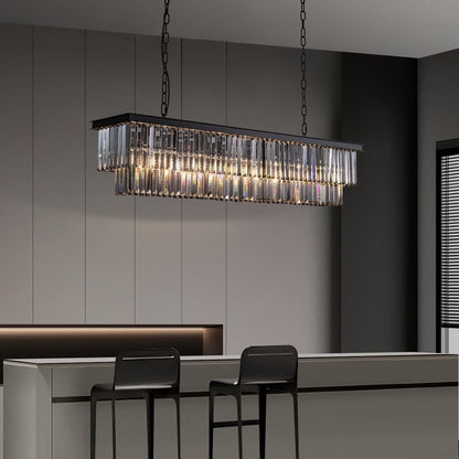 Lampadario moderno contemporaneo in cristallo grigio fumé e nero da 47 pollici, a 2 livelli, con isola da cucina lineare, per sala da pranzo