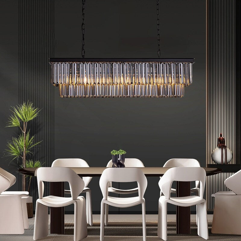 Lampadario moderno contemporaneo in cristallo grigio fumé e nero da 47 pollici, a 2 livelli, con isola da cucina lineare, per sala da pranzo