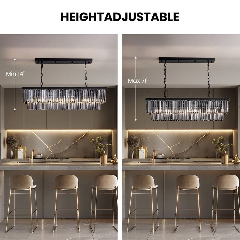 Lampadario moderno contemporaneo in cristallo grigio fumé e nero da 47 pollici, a 2 livelli, con isola da cucina lineare, per sala da pranzo