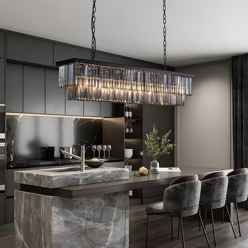 Lampadario moderno contemporaneo in cristallo grigio fumé e nero da 47 pollici, a 2 livelli, con isola da cucina lineare, per sala da pranzo