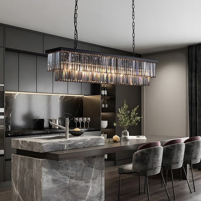 Lampadario moderno contemporaneo in cristallo grigio fumé e nero da 47 pollici, a 2 livelli, con isola da cucina lineare, per sala da pranzo