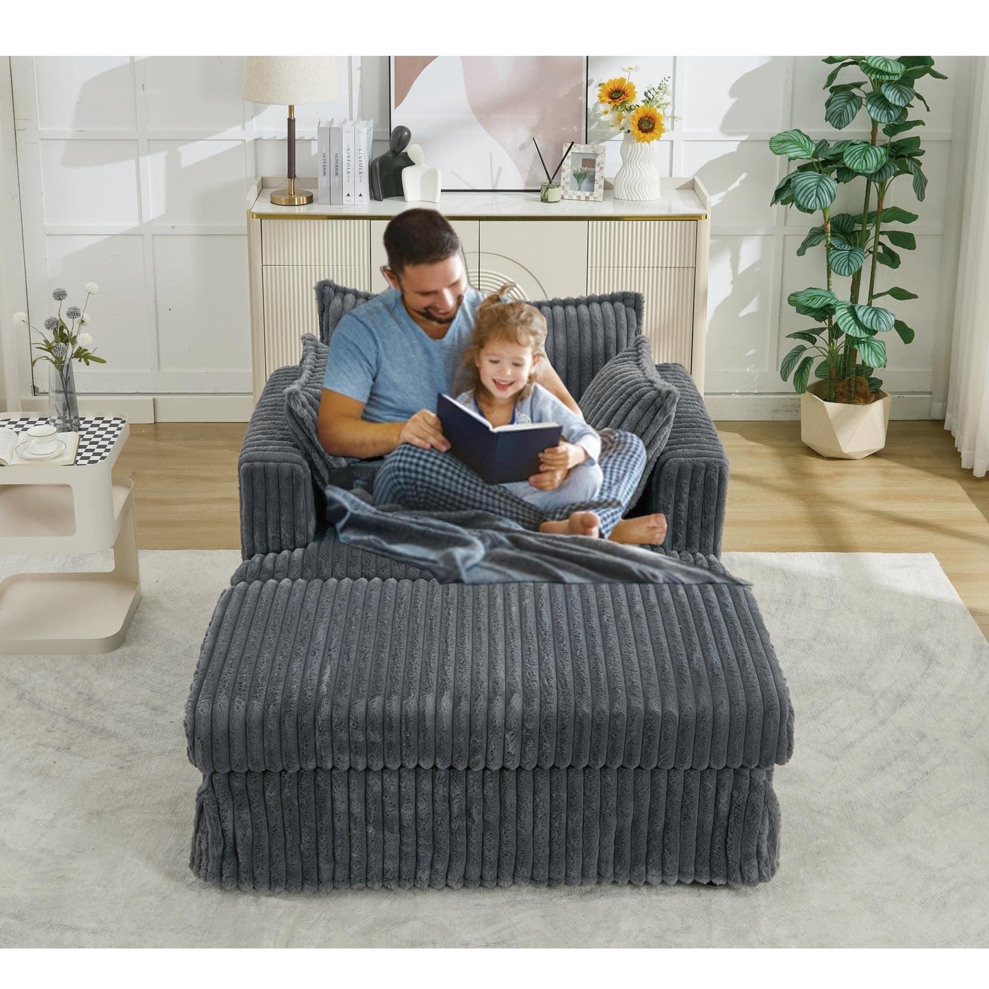 Chaise longue oversize in velluto a coste da 47,7 pollici con poggiapiedi reclinabile