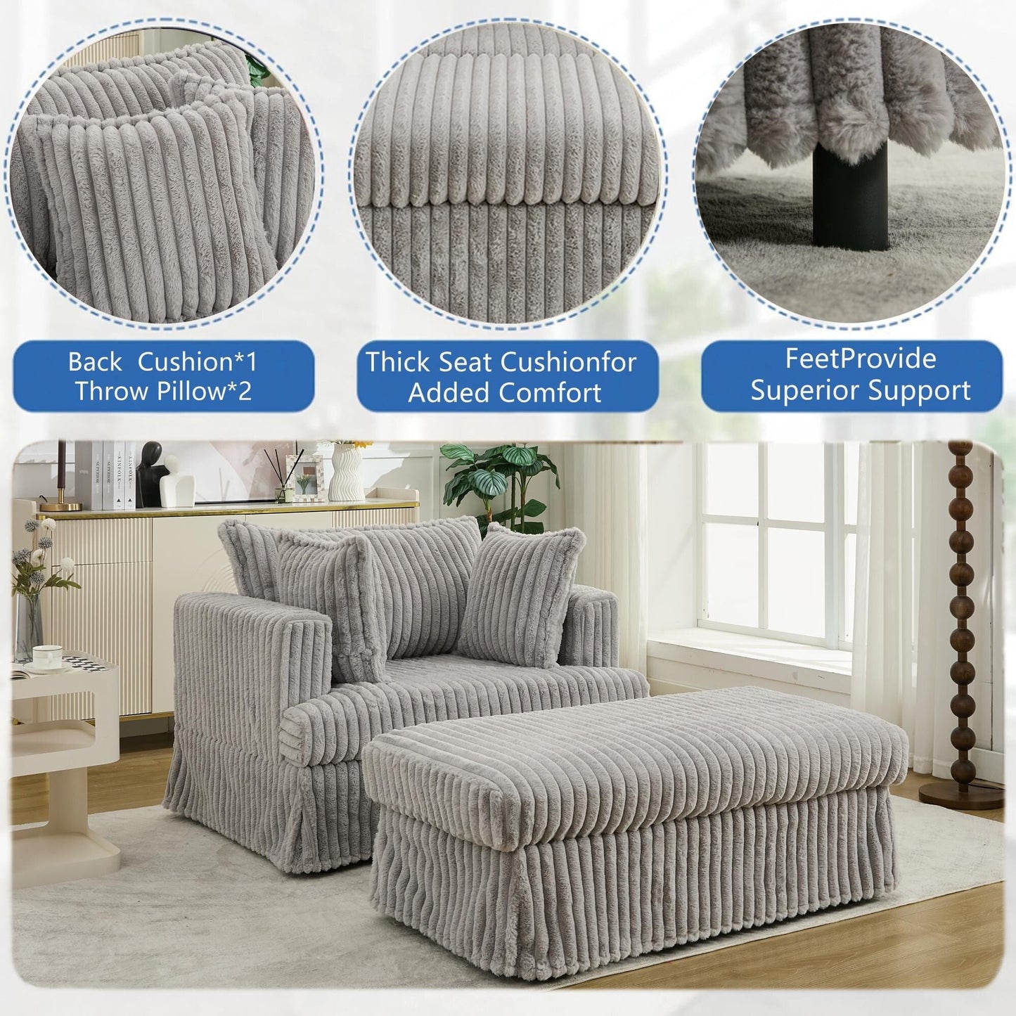 47.7 Chaise Longue oversize in velluto a coste con pouf