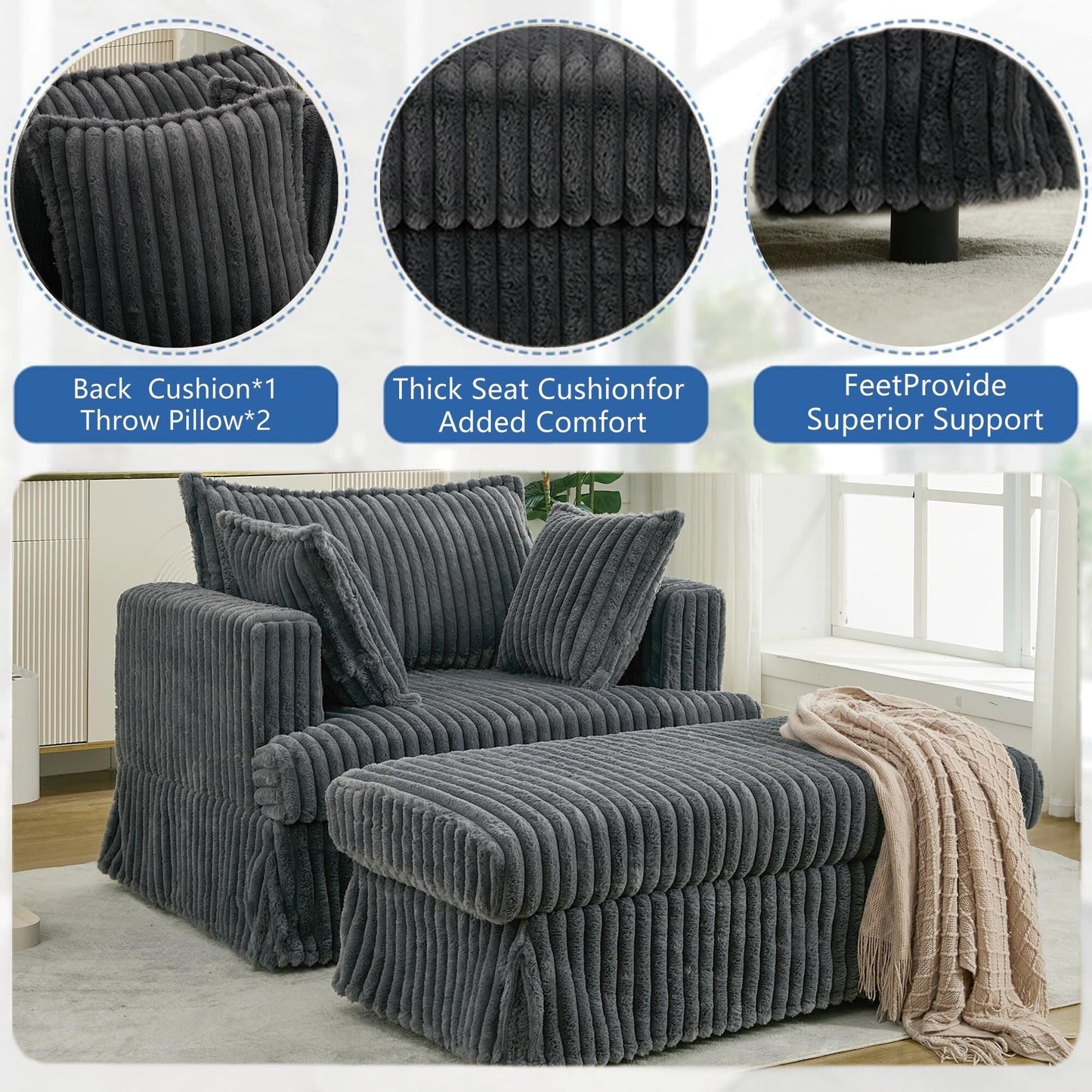 47.7 Chaise Longue oversize in velluto a coste con pouf