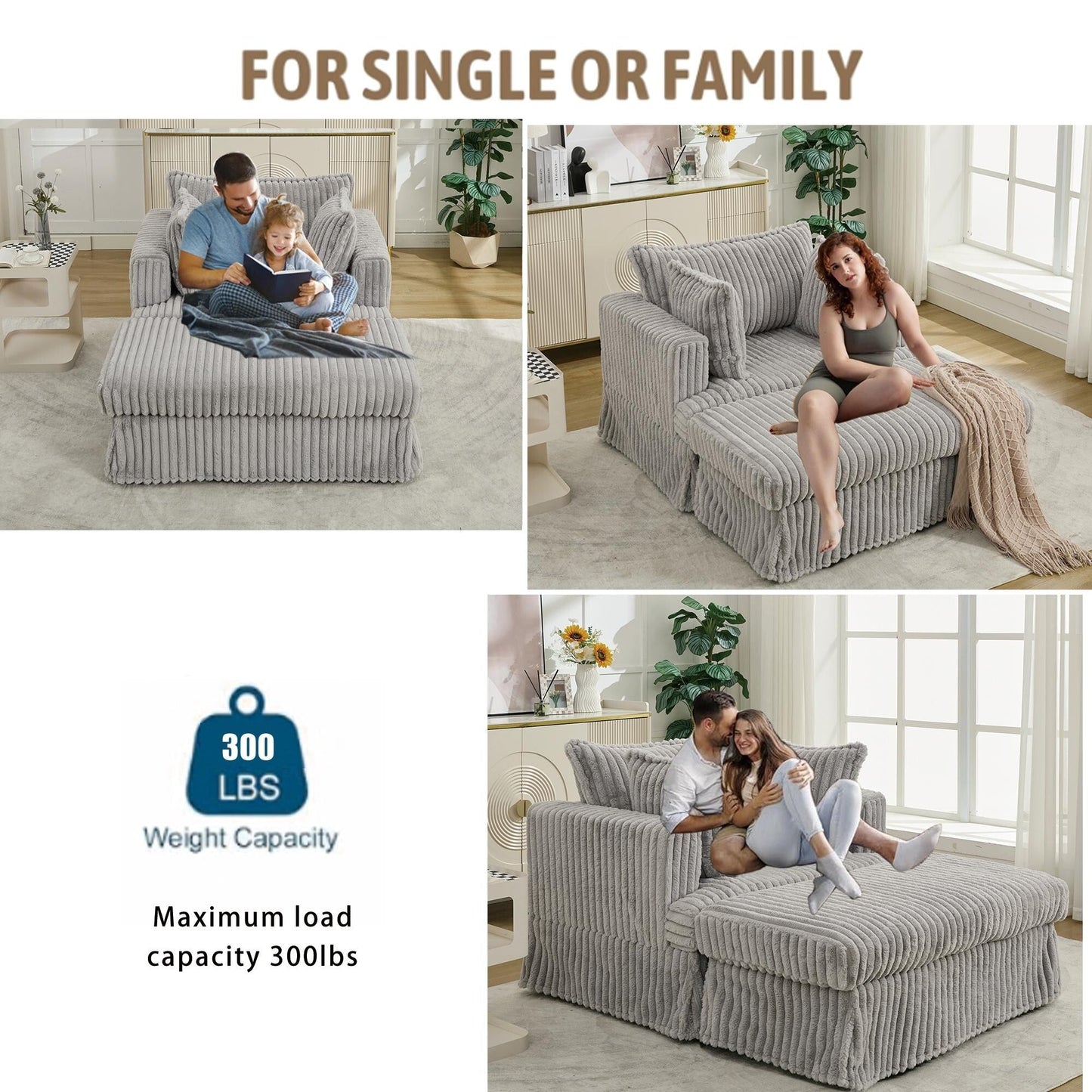 47.7 Chaise Longue oversize in velluto a coste con pouf