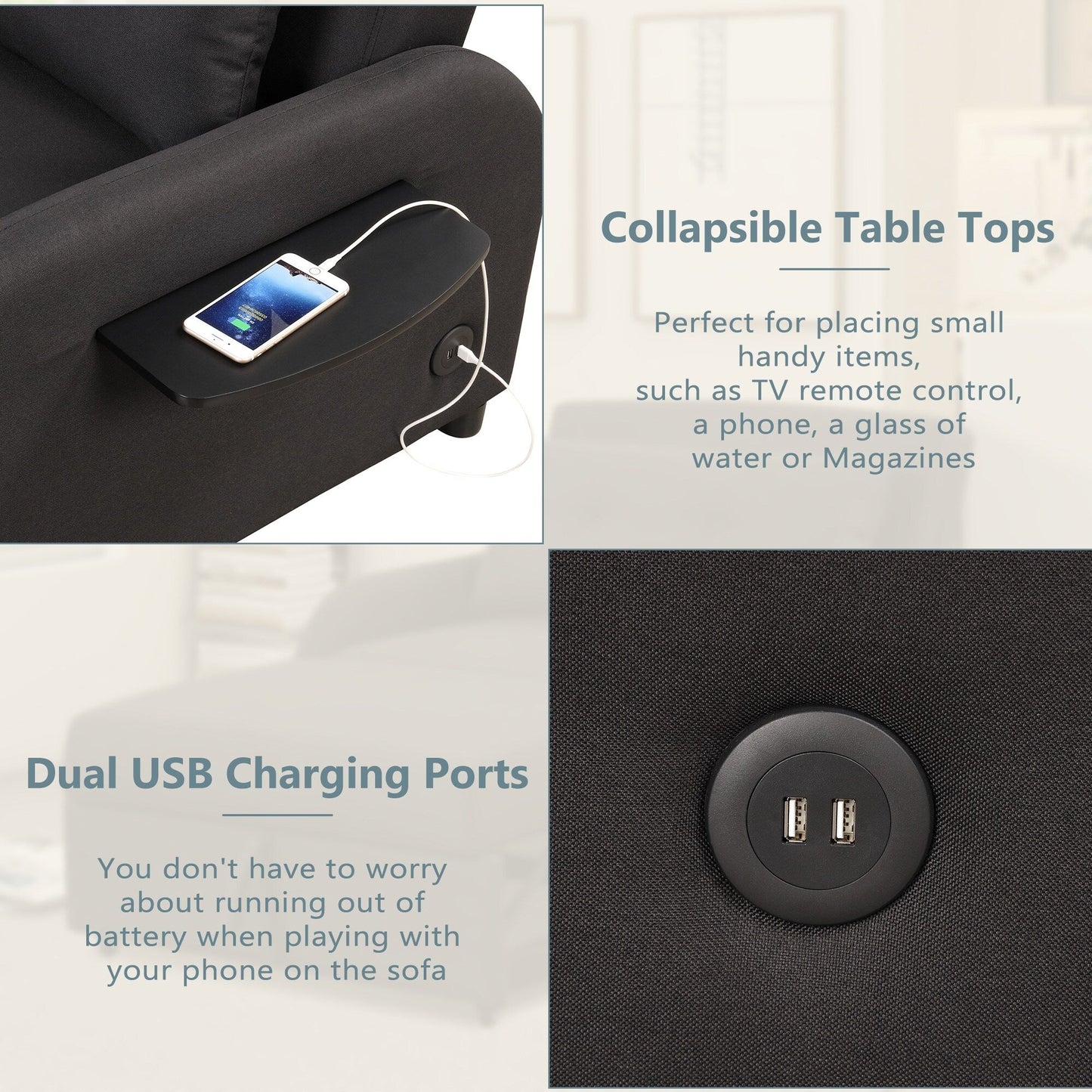 Divano letto 3 in 1 da 48,82 posti con tavolino a 2 ali e ricarica USB