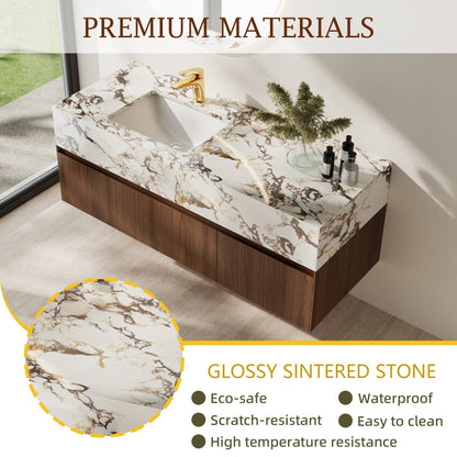 Mobile bagno singolo moderno da 48'', con piano in finto marmo lucido, legno massello