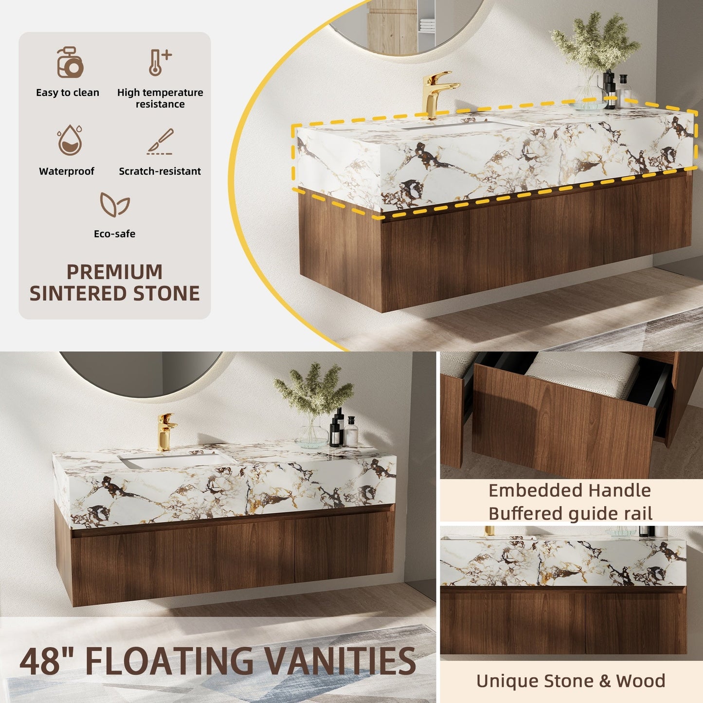 Mobile bagno singolo moderno da 48'', con piano in finto marmo lucido, legno massello