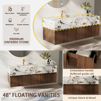 Mobile bagno singolo moderno da 48'', con piano in finto marmo lucido, legno massello